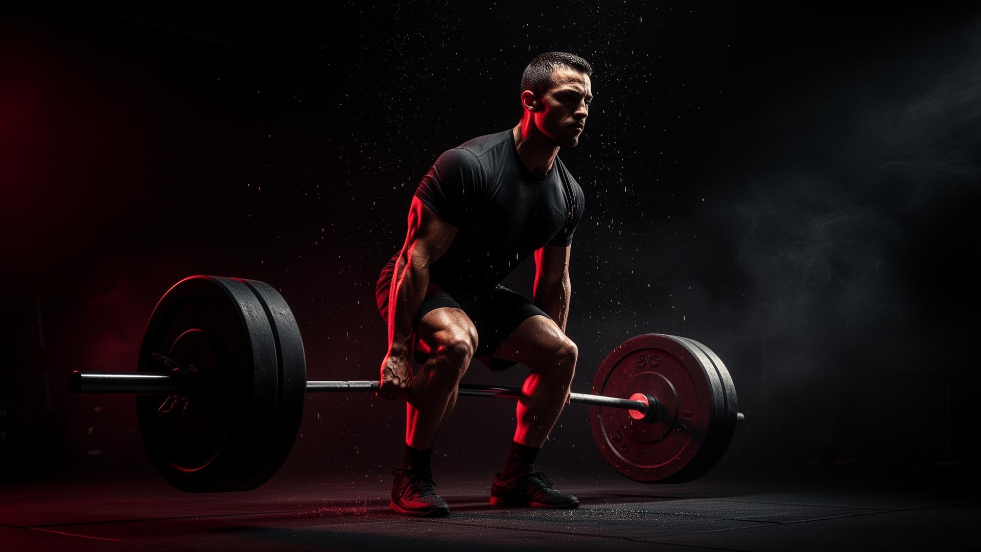Athlete deadlifting in a dark gym
